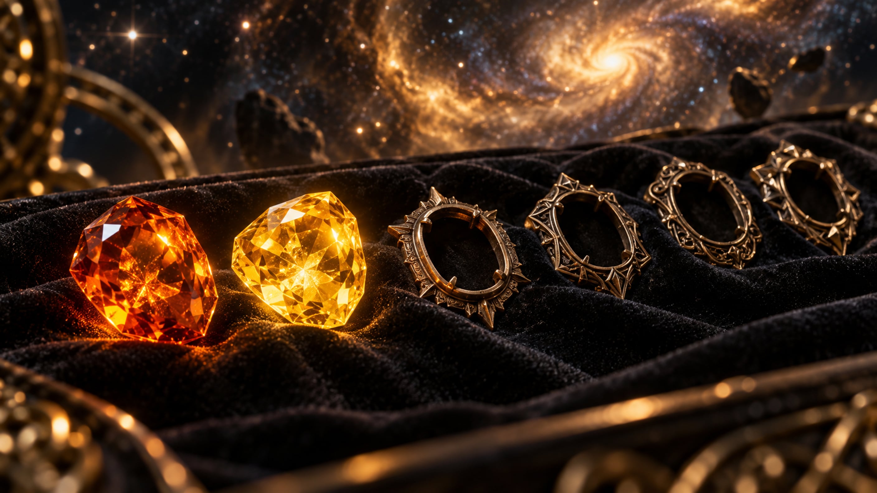 Orange and golden gemstones on black velvet beside four empty ornate settings